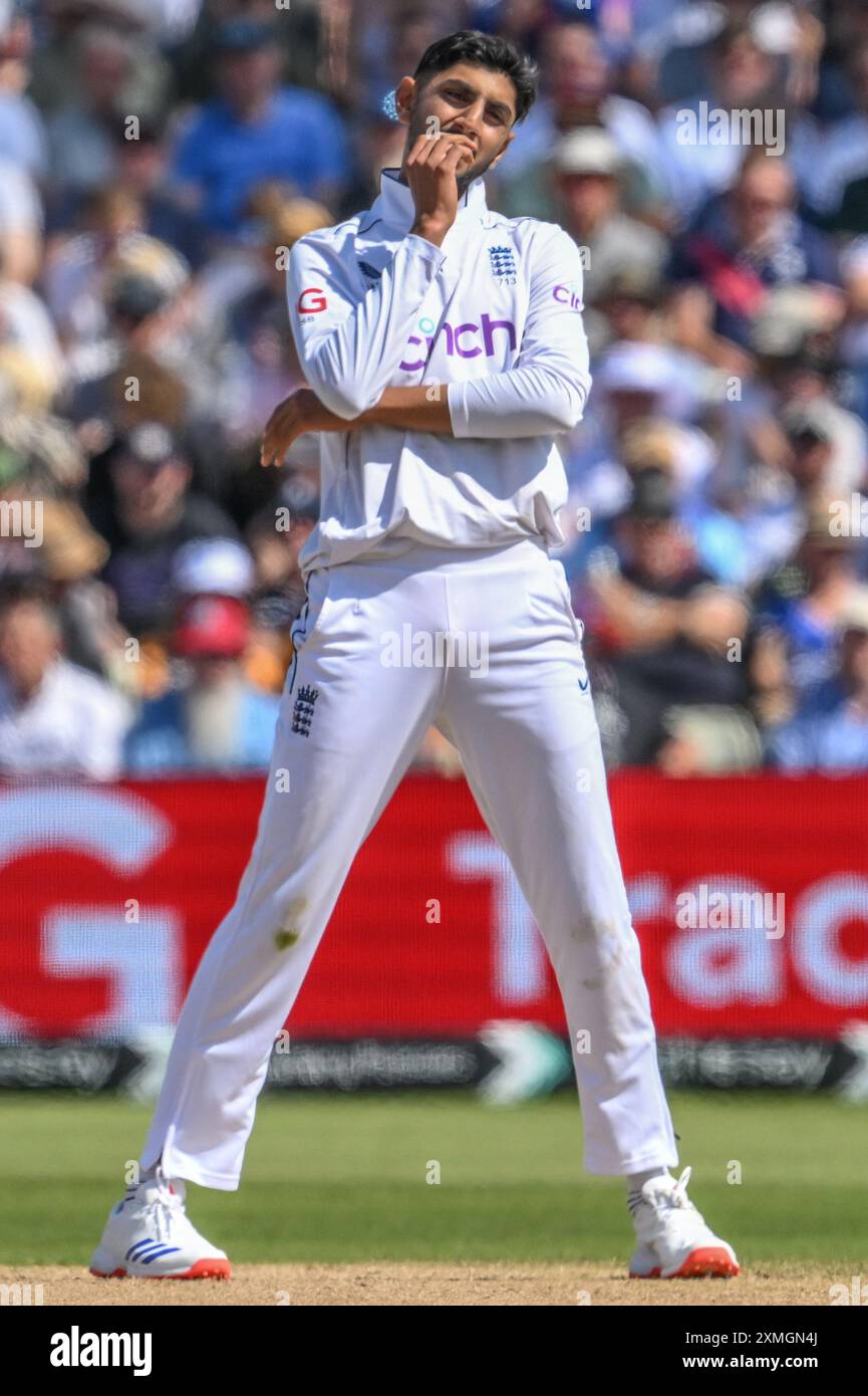 Shoaib Bashir d'Angleterre lors du 3ème Rothesay test match jour 3 Angleterre vs West Indies à Edgbaston, Birmingham, Royaume-Uni, 28 juillet 2024 (photo par Craig Thomas/News images) Banque D'Images