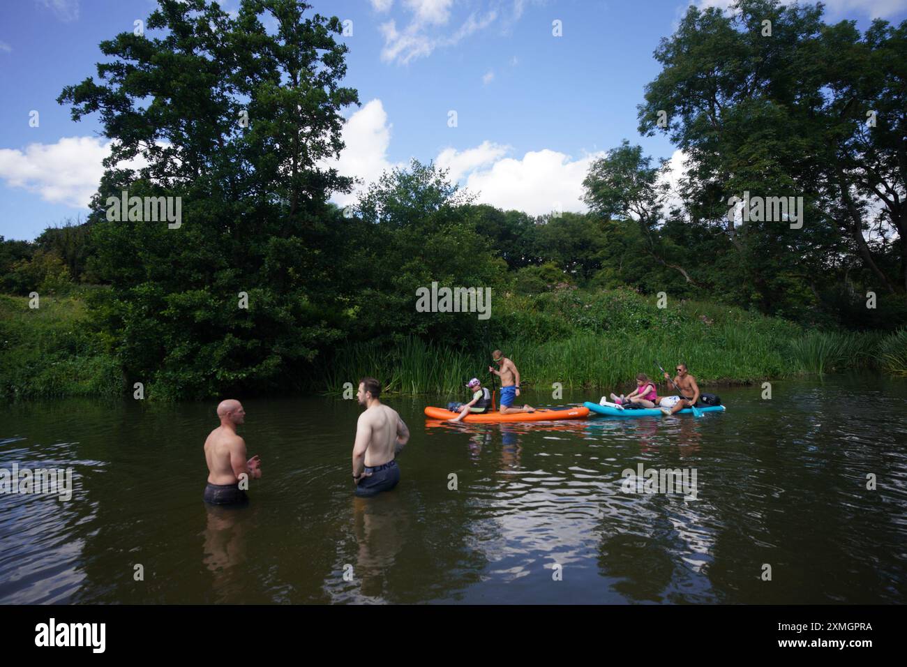 Les gens nagent à Warleigh Weir sur la rivière Avon à Bath, Somerset. Date de la photo : dimanche 28 juillet 2024. Banque D'Images