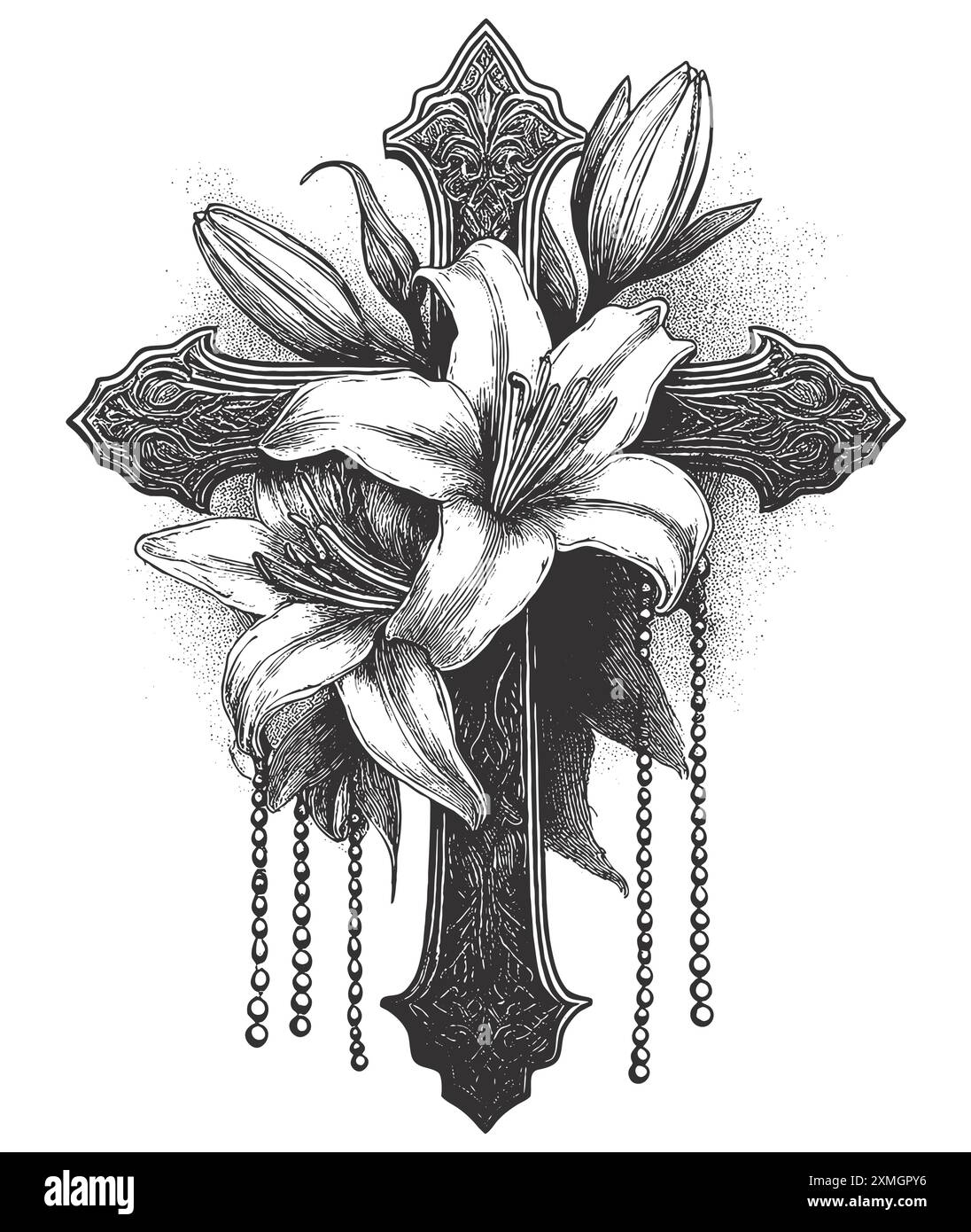 Illustration vectorielle de style de gravure vintage d'un signe de croix avec des décorations de lilly et de chapelet Illustration de Vecteur