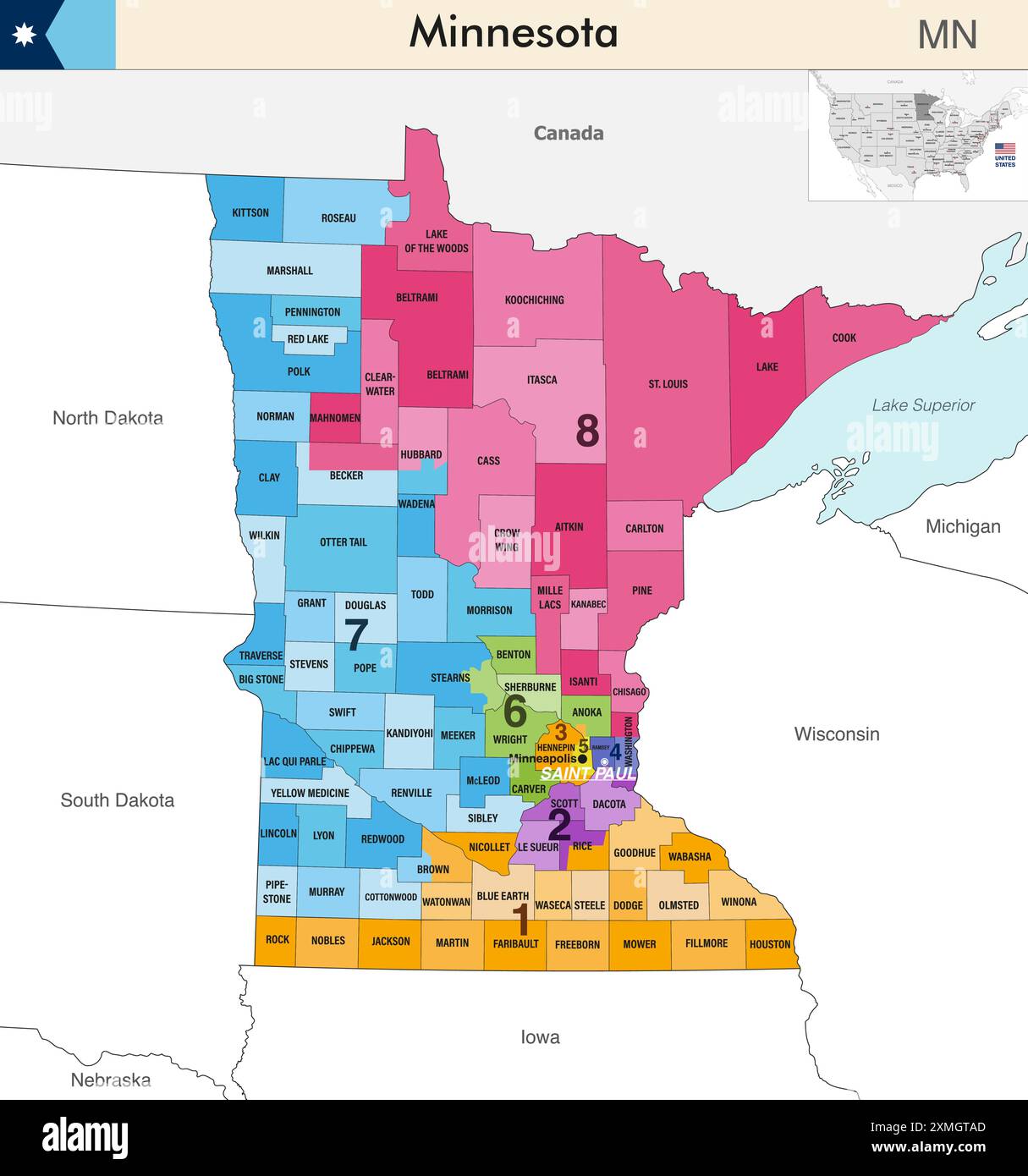 Carte de l'état du Minnesota avec les frontières des comtés et les limites colorées des districts congressionnels en raison du recensement des États-Unis de 2020 et qui est valide depuis Illustration de Vecteur