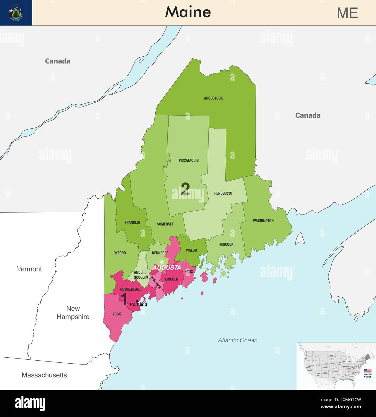 Carte de l'État du Maine avec les frontières des comtés et les limites colorées des districts congressionnels en raison du recensement des États-Unis de 2020 et qui est valide depuis 202 Illustration de Vecteur