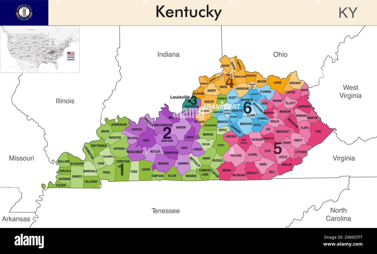 Carte de l'État du Kentucky avec les frontières des comtés et les limites colorées des districts congressionnels en raison du recensement des États-Unis de 2020 et qui est valide depuis Illustration de Vecteur