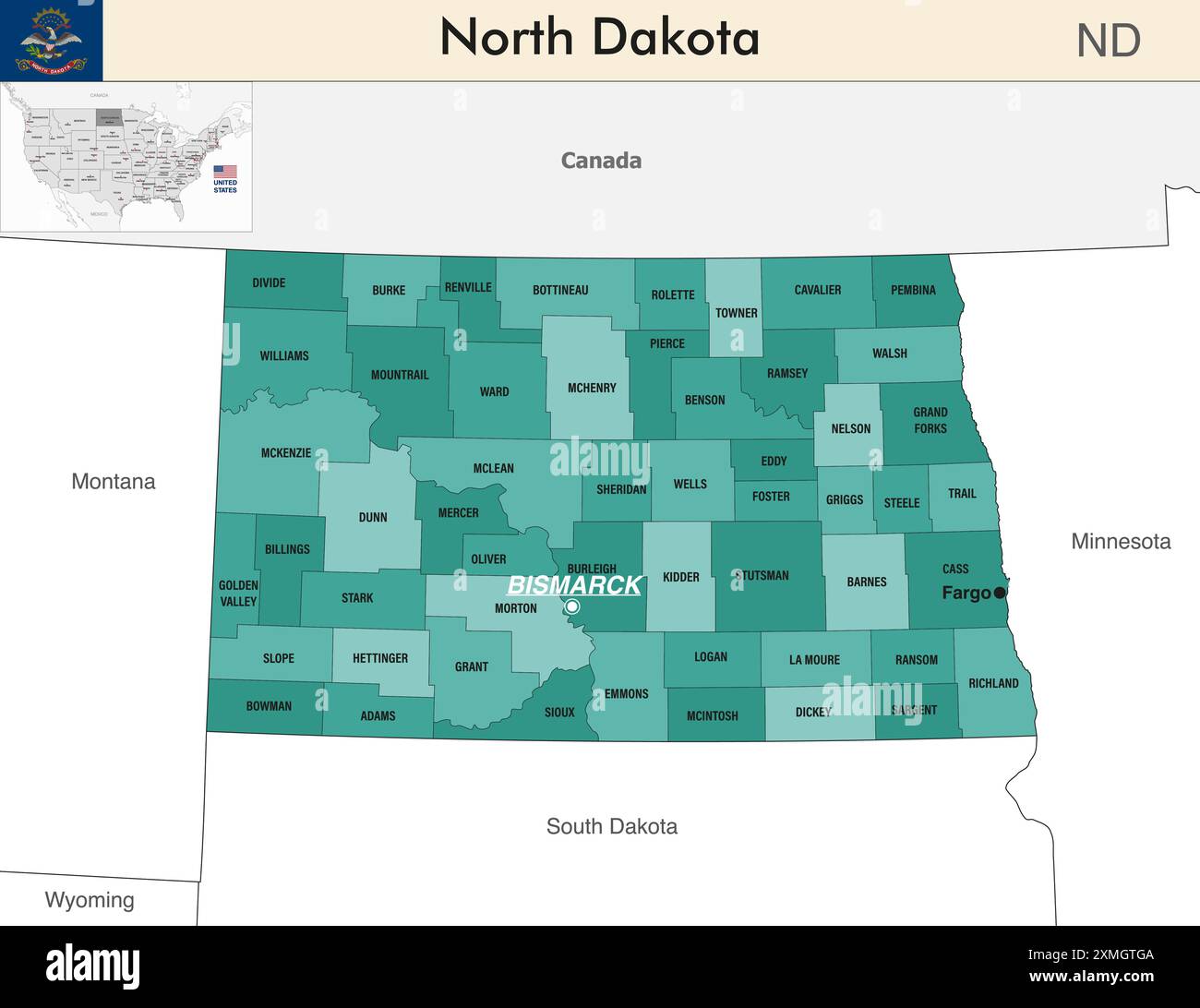 Carte de l'État du Dakota du Nord avec les frontières des comtés. District du Congrès au large du Dakota du Nord. Drapeau du Dakota du Nord. Vecteur Illustration de Vecteur