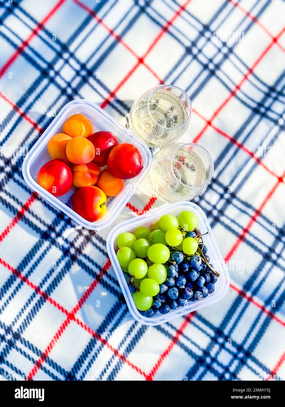 Fruits et vin mousseux sur des verres sur une couverture à carreaux de pique-nique, pique-nique d'été dans un parc ensoleillé. Banque D'Images