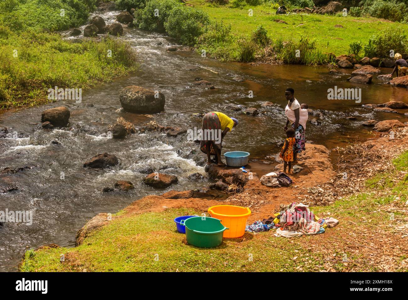 SIPI, OUGANDA - 28 FÉVRIER 2020 : femmes locales faisant la lessive dans la rivière Sipi, Ouganda Banque D'Images