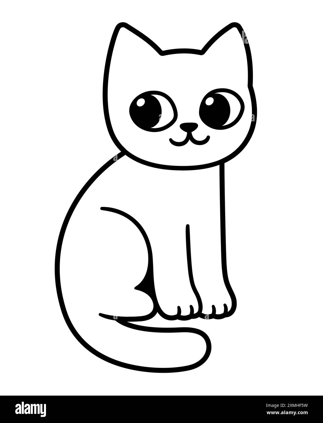 Dessin d'art de ligne de chat assis de dessin animé mignon. Contour noir et blanc drôle de chaton. Illustration vectorielle dessinée à la main simple. Illustration de Vecteur