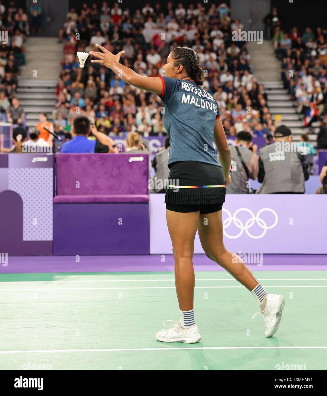 Porte Maillot, France. 28 juillet 2024. Jeux olympiques de Paris 2024 : Badminton : Women's Singles Group M : PV Sindhu vs Fathimath Nabbah Abdul Razzaq (MDV) PV Sindhu a battu son adversaire par 21-9, 21-6 crédit : Seshadri SUKUMAR/Alamy Live News Banque D'Images