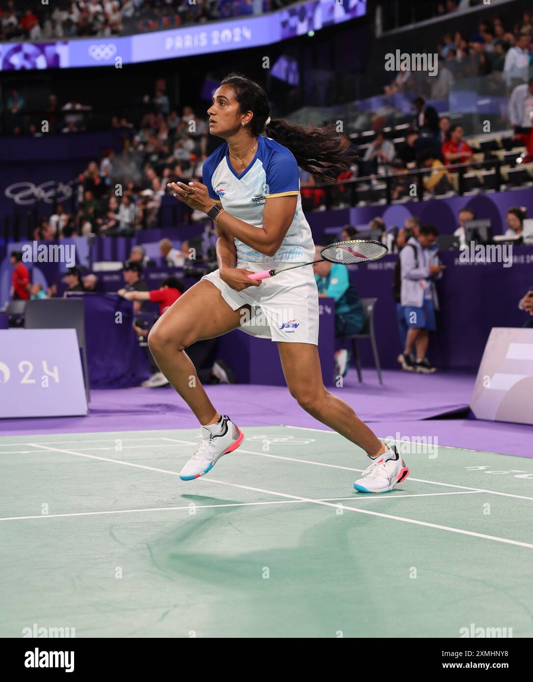 Paris, Ile de France, France. 28 juillet 2024. Jeux olympiques de Paris 2024 : badminton. Groupe M : PV Sindhu vs Fathimath Nabbah Abdul Razzaq (MDV). PV Sindhu a battu son adversaire par 21-9, 21-6 (image crédit : © Seshadri Sukumar/ZUMA Press Wire) USAGE ÉDITORIAL SEULEMENT! Non destiné à UN USAGE commercial ! Banque D'Images