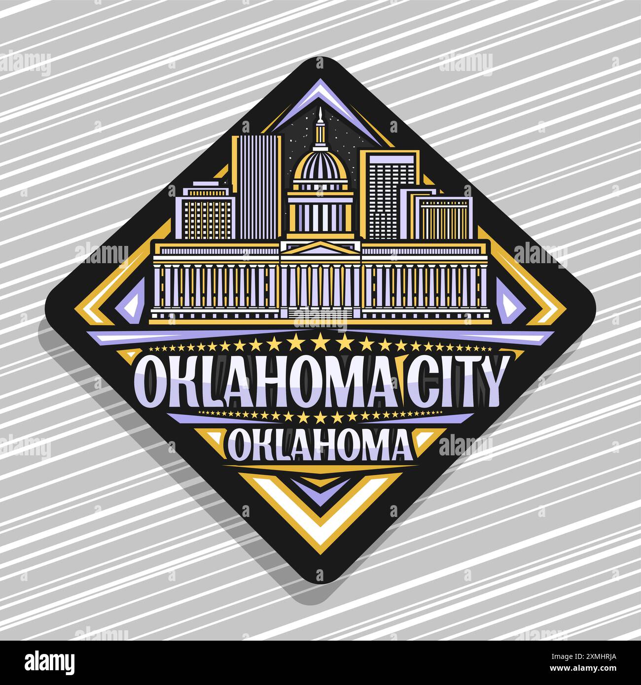 Logo vectoriel pour Oklahoma City, panneau routier noir décoratif en losange avec illustration en ligne du célèbre paysage urbain de l'oklahoma, aimant de réfrigérateur de design d'art wi Illustration de Vecteur