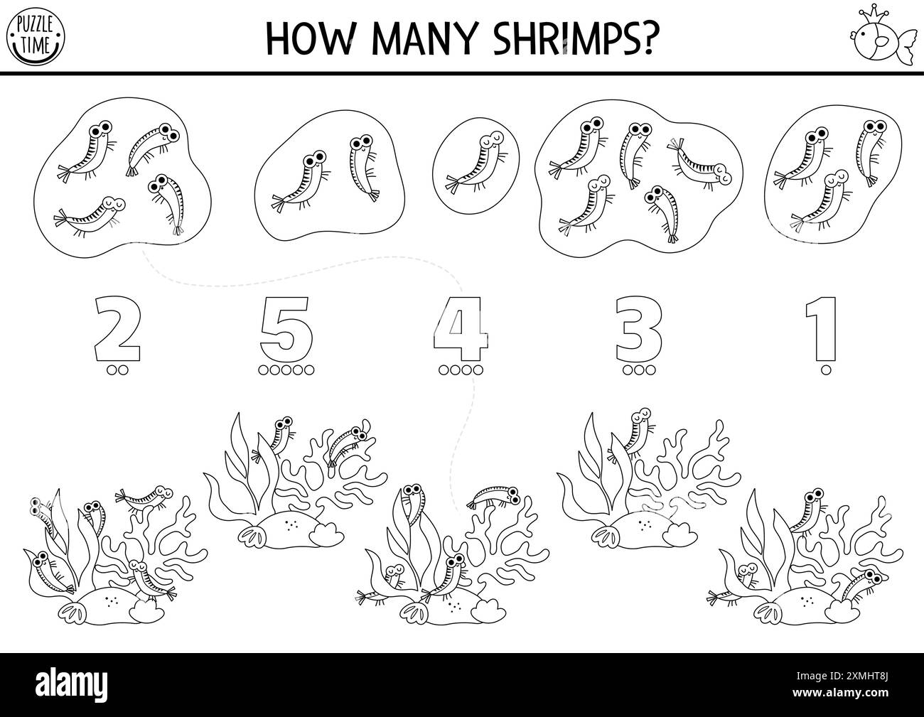 Match les chiffres sirène noir et blanc jeu avec des crevettes dans les algues. Activité mathématique Ocean Kingdom ou coloriage. Comptoir éducatif de ligne maritime Illustration de Vecteur