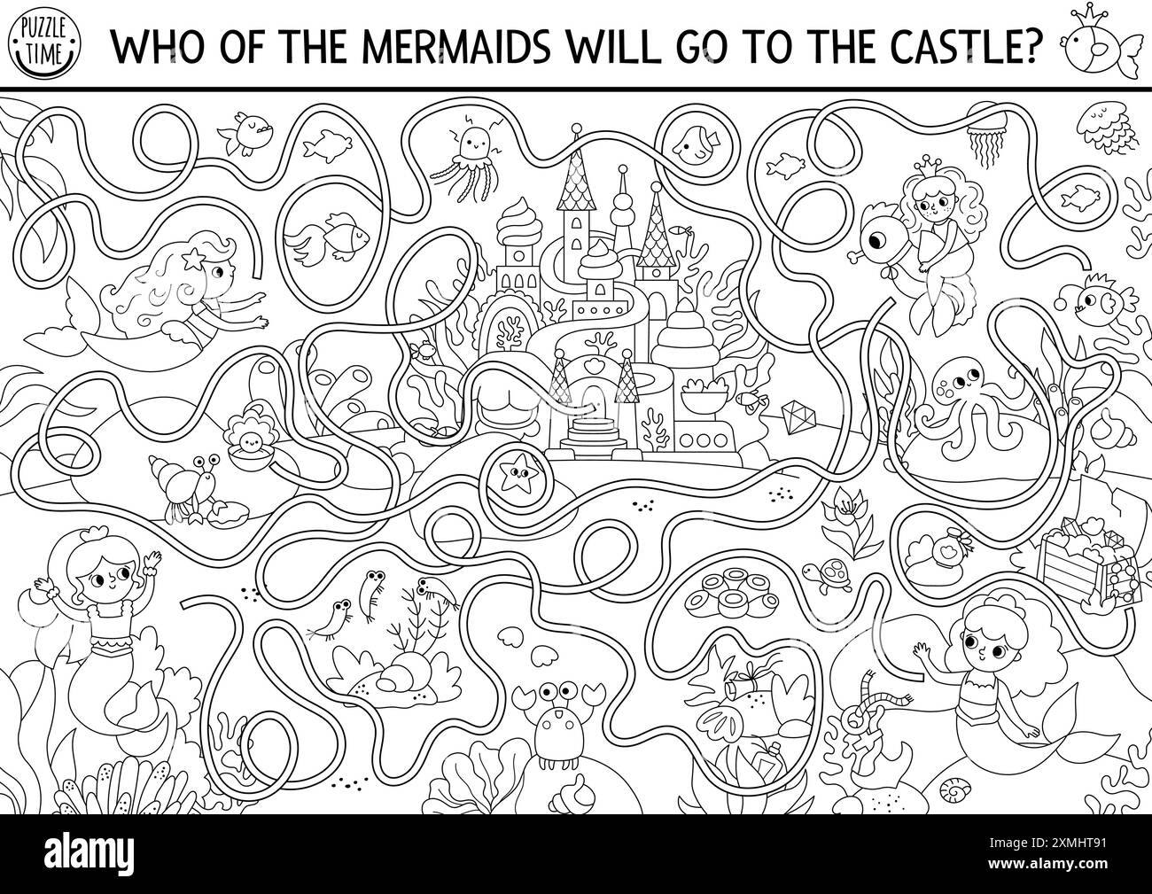 Sirène labyrinthe noir et blanc avec paysage de fond de mer, princesse, château. Activité imprimable marine préscolaire. Jeu de labyrinthe du Royaume de l'océan, coloriage pag Illustration de Vecteur