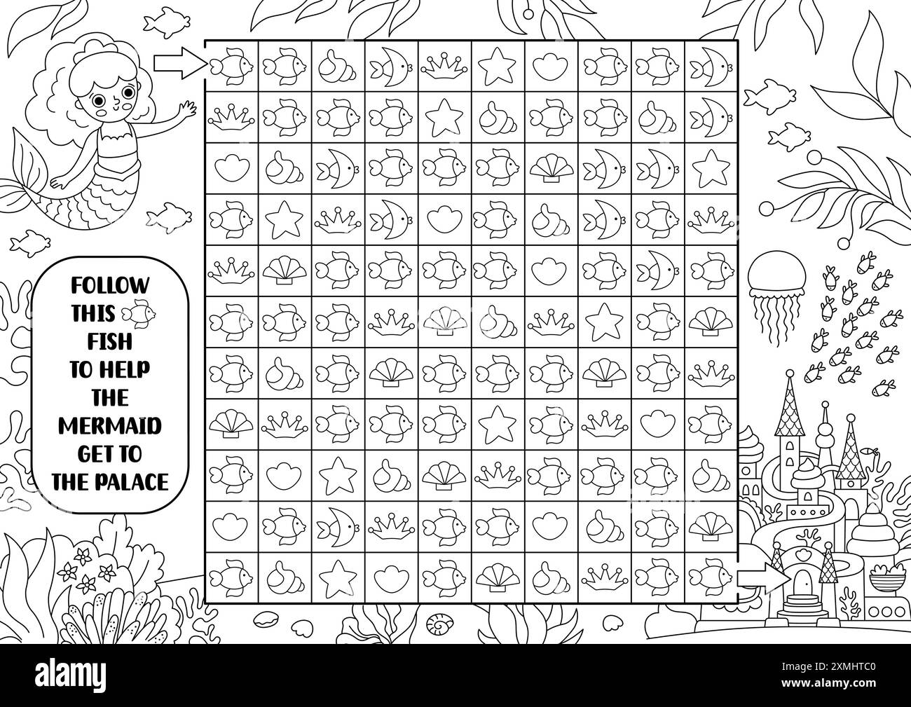 Sirène noir et blanc labyrinthe, chercher et trouver le jeu. Coloriage des compétences d'attention. Activité de ligne imprimable marine pour les enfants. Puzzle logique de recherche. F Illustration de Vecteur