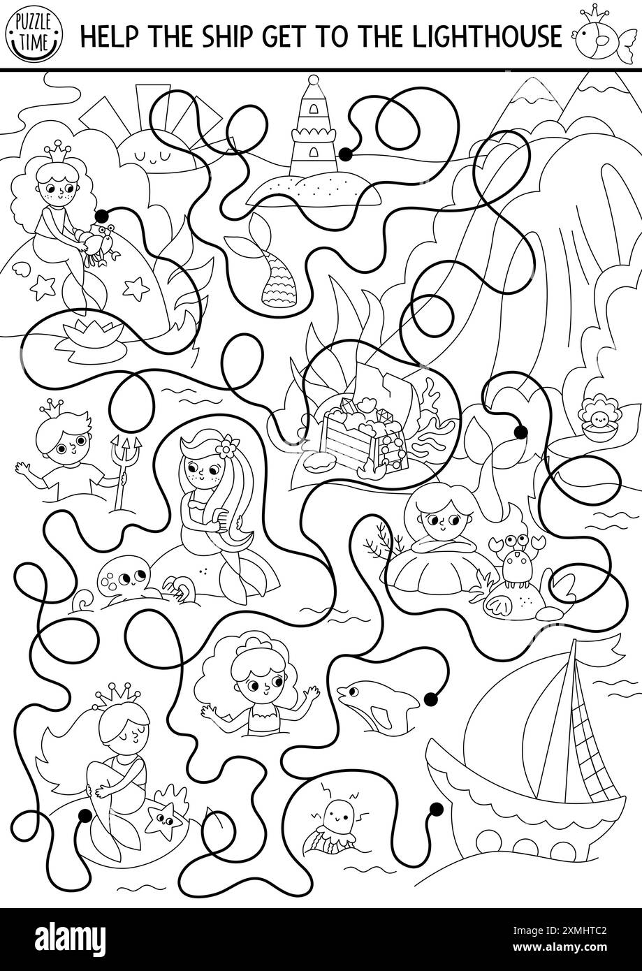 Sirène labyrinthe noir et blanc pour les enfants avec paysage de lagune, princesse. Activité imprimable marine. Jeu de labyrinthe de ligne de Royaume d'océan, coloriage. BT Illustration de Vecteur