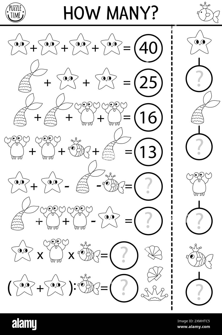 Marine combien d'étoiles de mer noir et blanc jeu, équation ou rébus. Activité mathématique ou coloriage de Sirène. Ligne de Royaume océanique de conte de fées imprimable maths Illustration de Vecteur