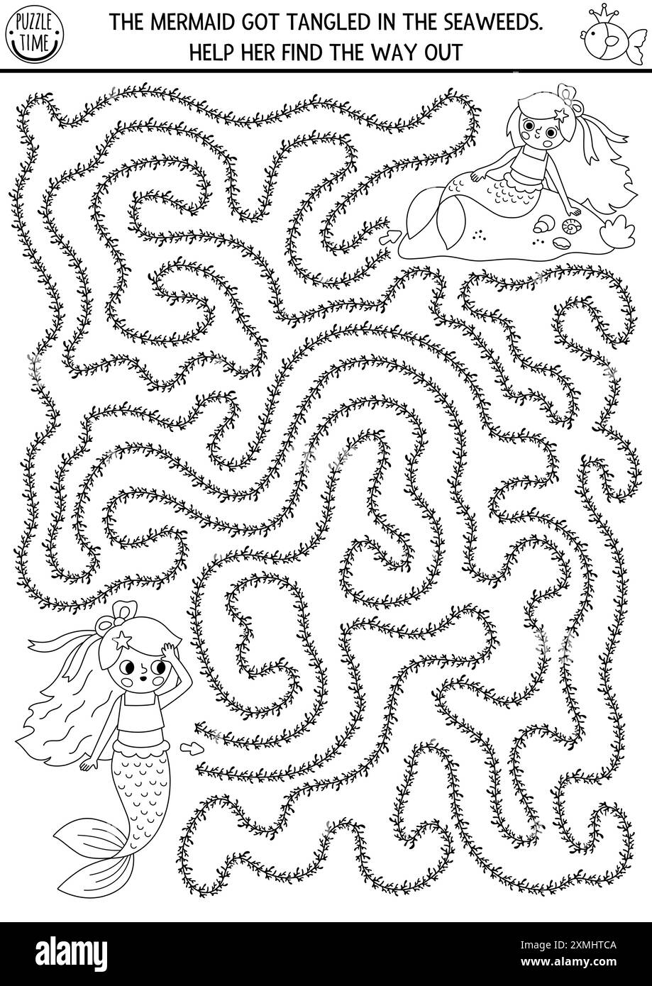 Sirène noir et blanc labyrinthe pour les enfants en forme d'algues. Activité imprimable marine. Jeu de labyrinthe de Royaume océanique de conte de fées, puzzle ou coloriage. Illustration de Vecteur