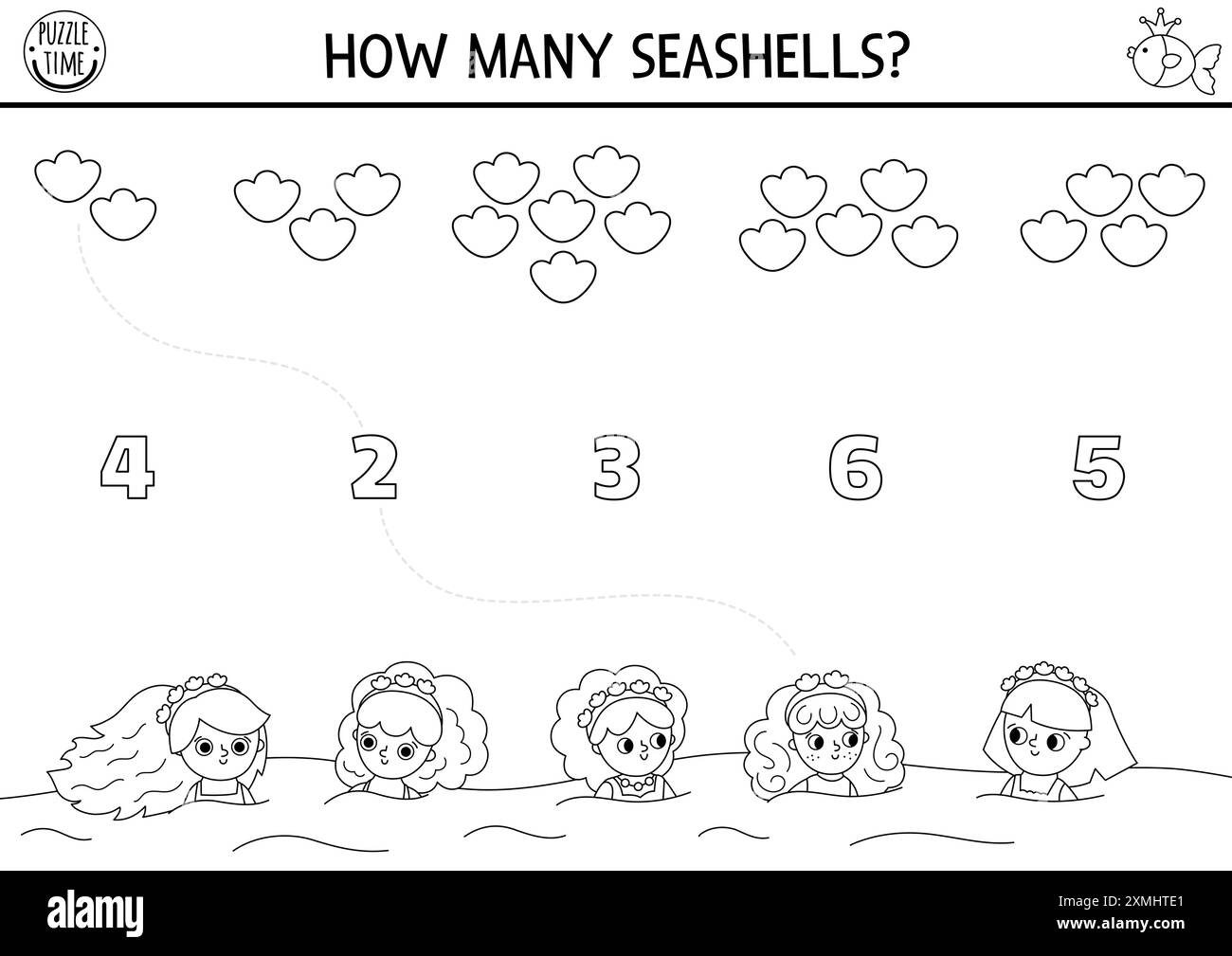 Match les numéros noir et blanc jeu de sirène avec princesse dans l'eau, bandeaux avec coquillages. Activité mathématique de ligne de Royaume océanique, coloriage. Mari Illustration de Vecteur