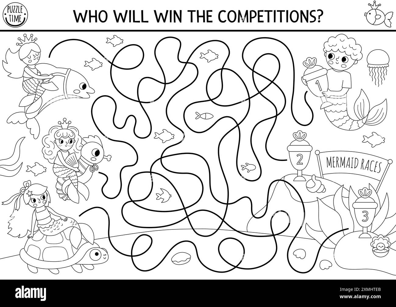Sirène noir et blanc races labyrinthe pour les enfants avec des princesses marines chevauchant des animaux. Activité imprimable marine. Jeu de labyrinthe de Royaume océanique en ligne, coloration Illustration de Vecteur