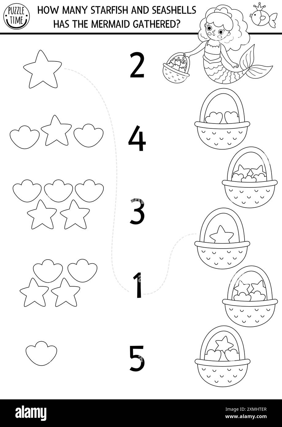 Match les numéros sirène noir et blanc jeu, coloriage avec princesse rassemblant étoiles de mer, coquillages. Activité mathématique du Royaume océanique de conte de fées. Illustration de Vecteur