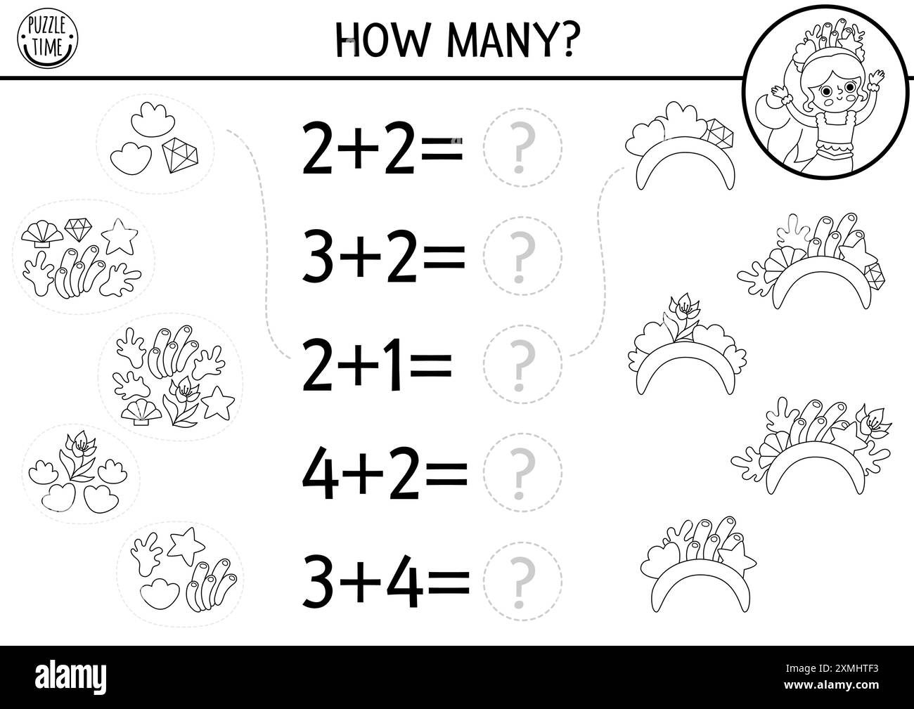 Faites correspondre les numéros noir et blanc jeu de sirène avec bandeau, algues, coquillages. Ocean Kingdom activité mathématique, coloriage. Compte éducatif marin Illustration de Vecteur