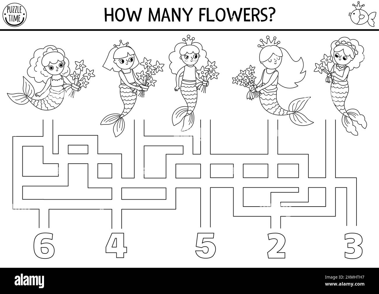 Labyrinthe de comptage noir et blanc de sirène pour les enfants avec des bouquets de fleurs d'algues. Activité imprimable marine, coloriage. Labyrinthe de la ligne du Royaume océanique GA Illustration de Vecteur