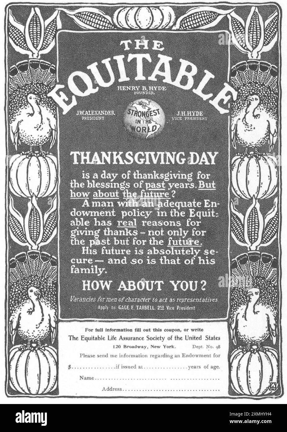 1903 annonce de Thanksgiving, compagnie d'assurance Equitable Life Banque D'Images