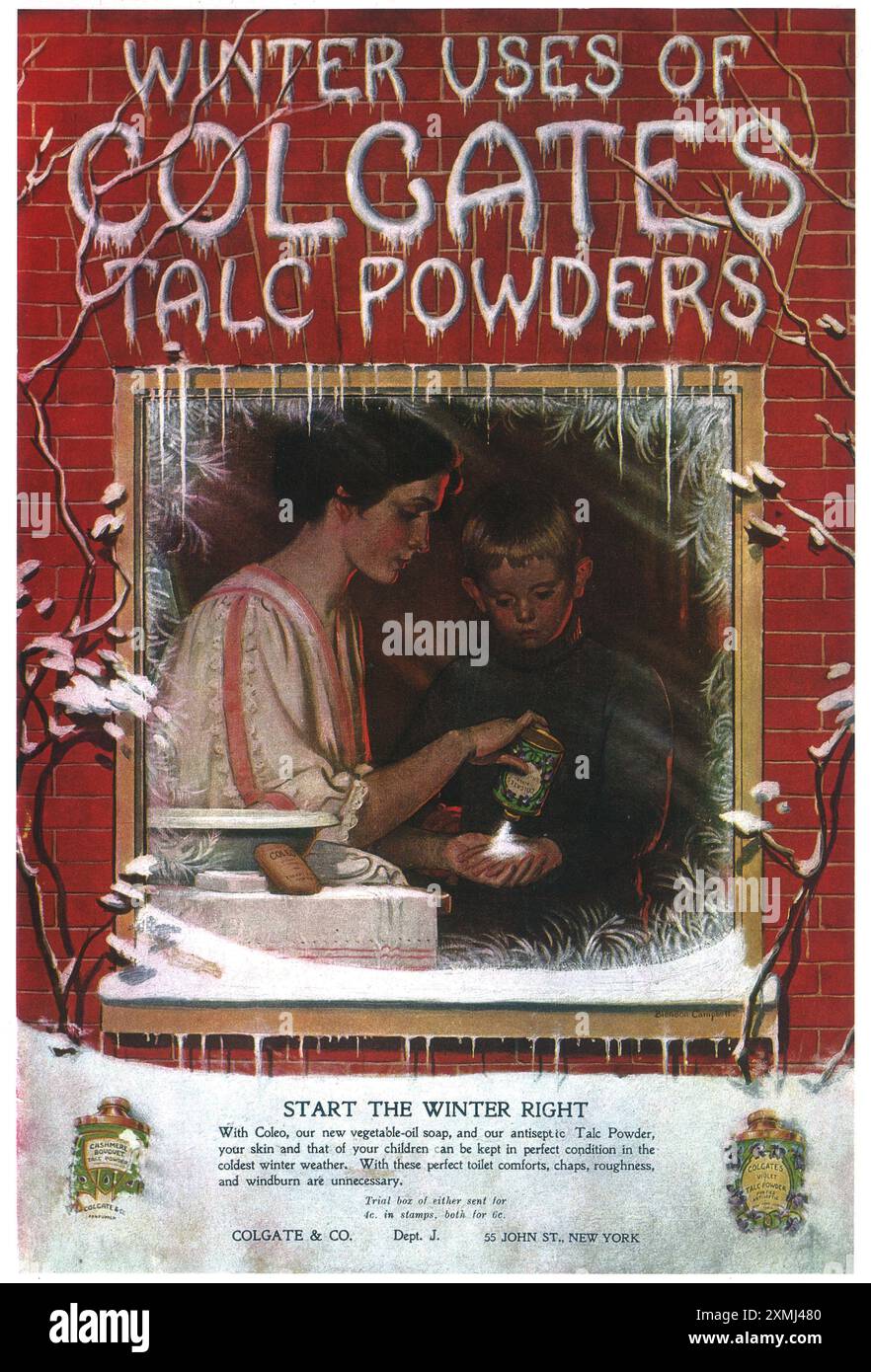 Pub antiseptique talc Powder de Colgate 1907 - « commencez l'hiver correctement » Banque D'Images