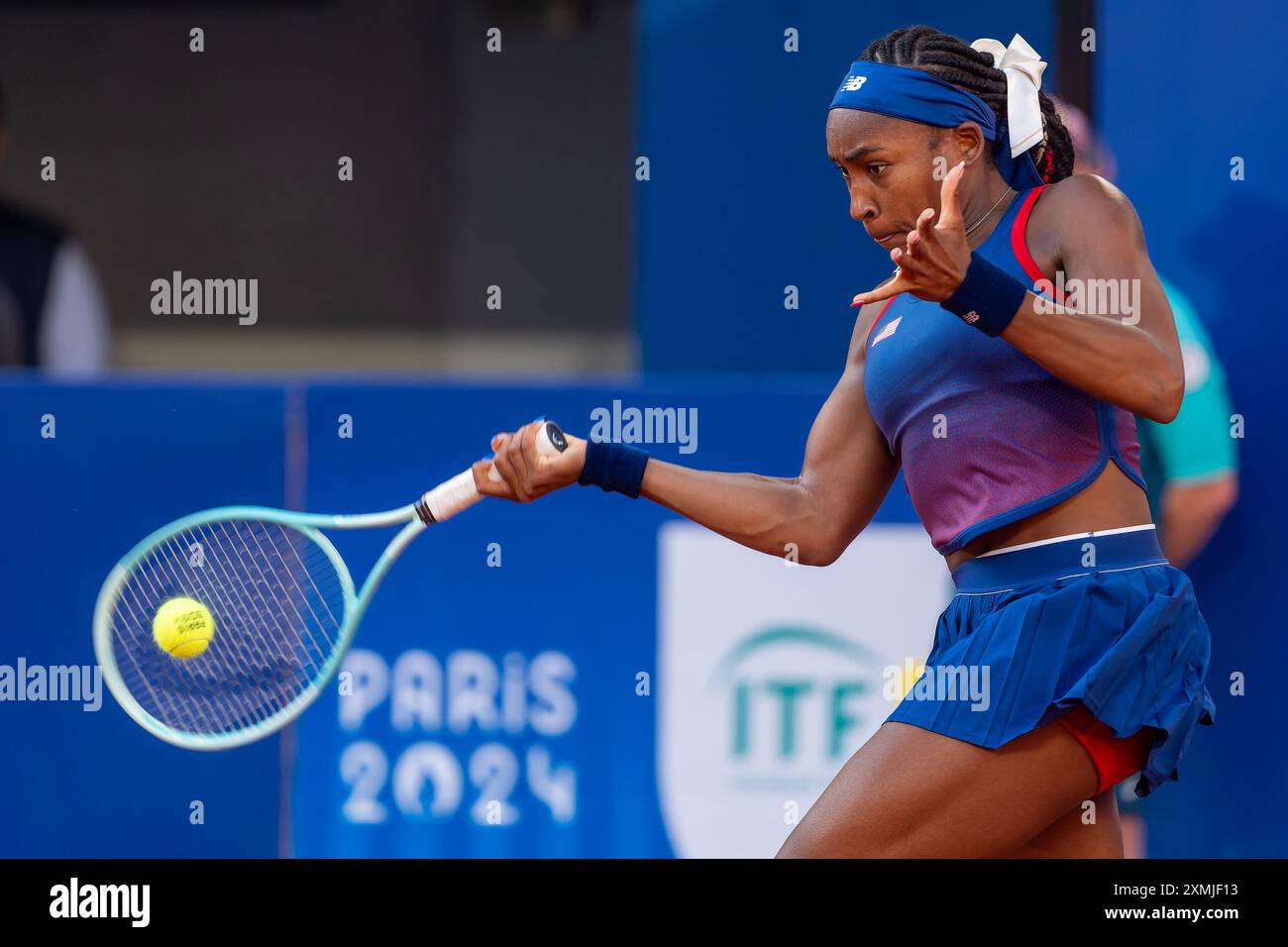 Paris, France. 28 juillet 2024. PARIS, FRANCE - JUILLET 28 : Cori Coco Gauff de l'équipe des États-Unis en compétition en simple féminin lors du jour 2 de Tennis - Jeux Olympiques Paris 2024 à Roland Garros le 28 juillet 2024 à Paris, France. (Photo de Joris Verwijst/Agence BSR) crédit : Agence BSR/Alamy Live News Banque D'Images