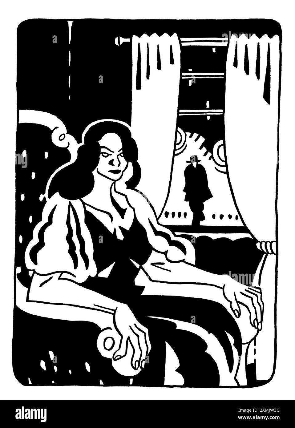 Illustration rectangulaire en hommage aux films de film Noir avec une femme fatale assise attendant un détective marchant dans une grande ville urbaine mal connue, noire Banque D'Images