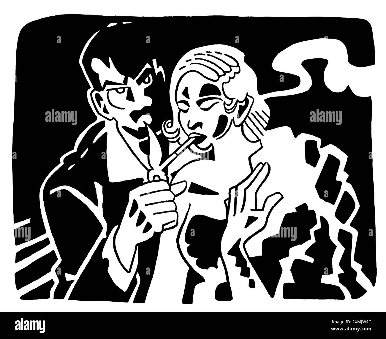 Illustration carrée en hommage aux films de film Noir avec un policier allumant une cigarette d'une femme fatale. Main isolée noire et blanche dra Banque D'Images