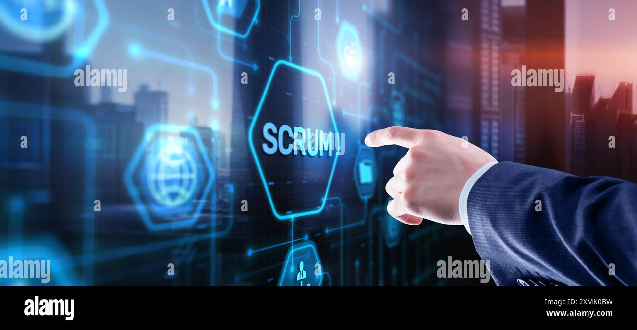 Homme d'affaires appuie sur un bouton Scrum processus logiciel de développement concept de contour Banque D'Images