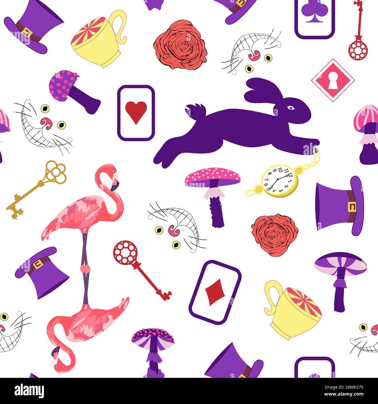 Alice au pays des merveilles modèle : lapin, chat Cheshire, flamant rose, cartes, chapeau, clés tasse champignons horloge et roses Illustration de Vecteur