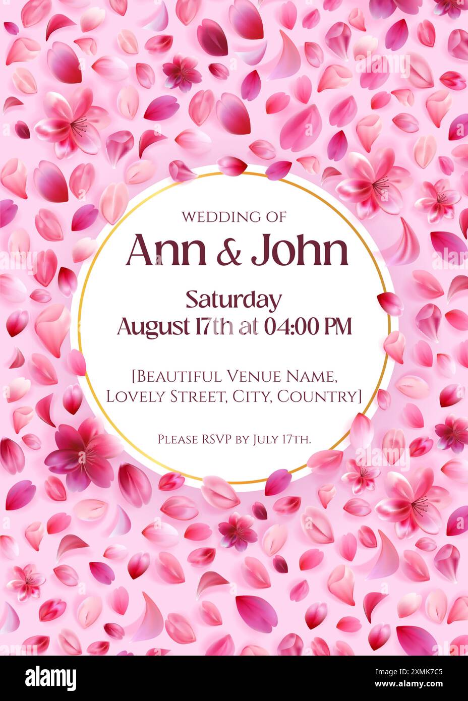 Invitation de mariage élégante avec rose floral rond charmante conception de frontière florale. Illustration vectorielle stock dans un style réaliste. Illustration de Vecteur