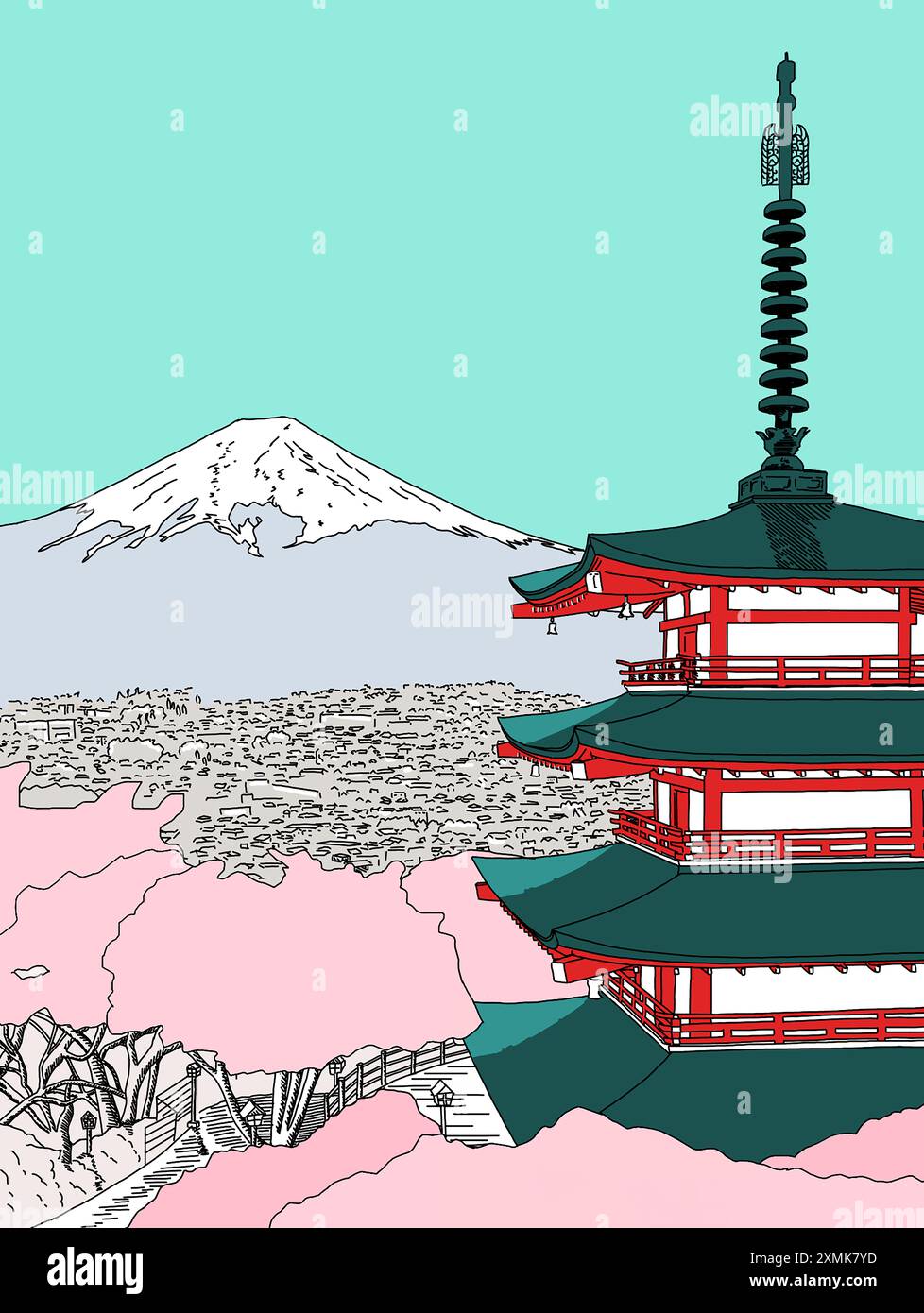 Une illustration de la pagode Chureito devant les cerisiers en fleurs et le mont Fuji, au Japon Banque D'Images