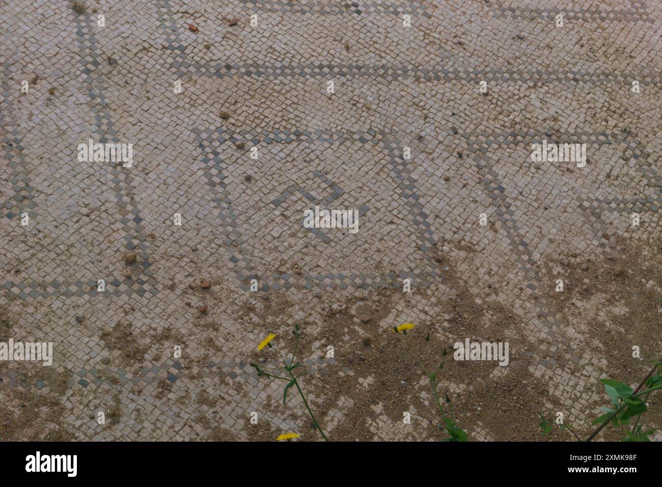 Mosaïque antique avec symbole de swastika en ruine de l'ancien quartier romain dans la vallée des temples un jour ensoleillé de printemps, Agrigente, Sicile, Italie Banque D'Images