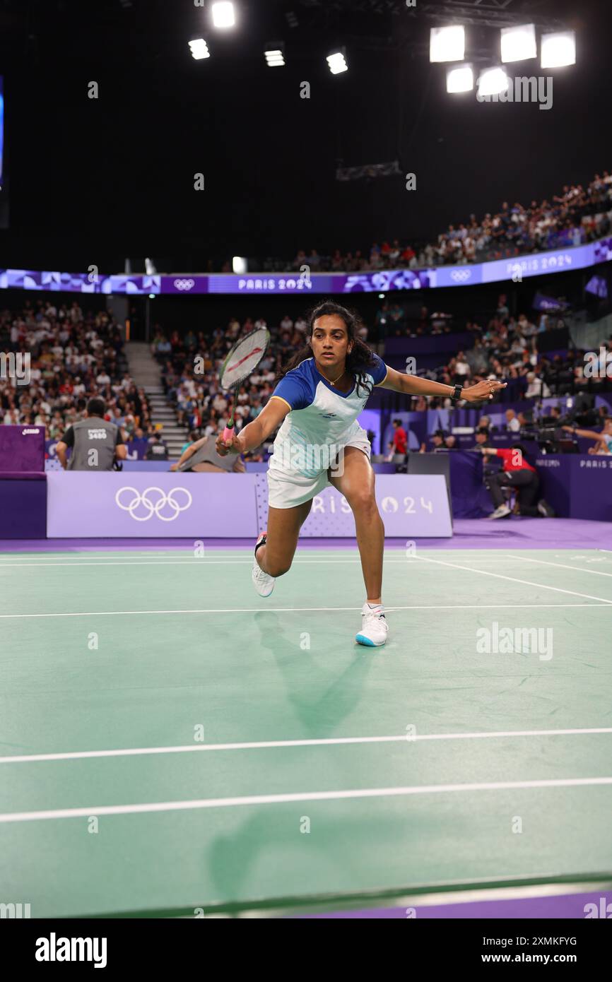 Paris, Ile de France, France. 28 juillet 2024. Jeux olympiques de Paris 2024 : badminton. Groupe M : PV Sindhu vs Fathimath Nabbah Abdul Razzaq (MDV). PV Sindhu a battu son adversaire par 21-9, 21-6 (image crédit : © Seshadri Sukumar/ZUMA Press Wire) USAGE ÉDITORIAL SEULEMENT! Non destiné à UN USAGE commercial ! Banque D'Images