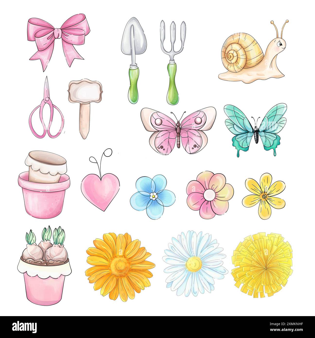 Aquarelle ensemble printemps avec des outils de jardin, primroses, fleurs, papillons, escargot dans un style de bande dessinée romantique. Pelle et râteau. Eléments de conception pour Banque D'Images