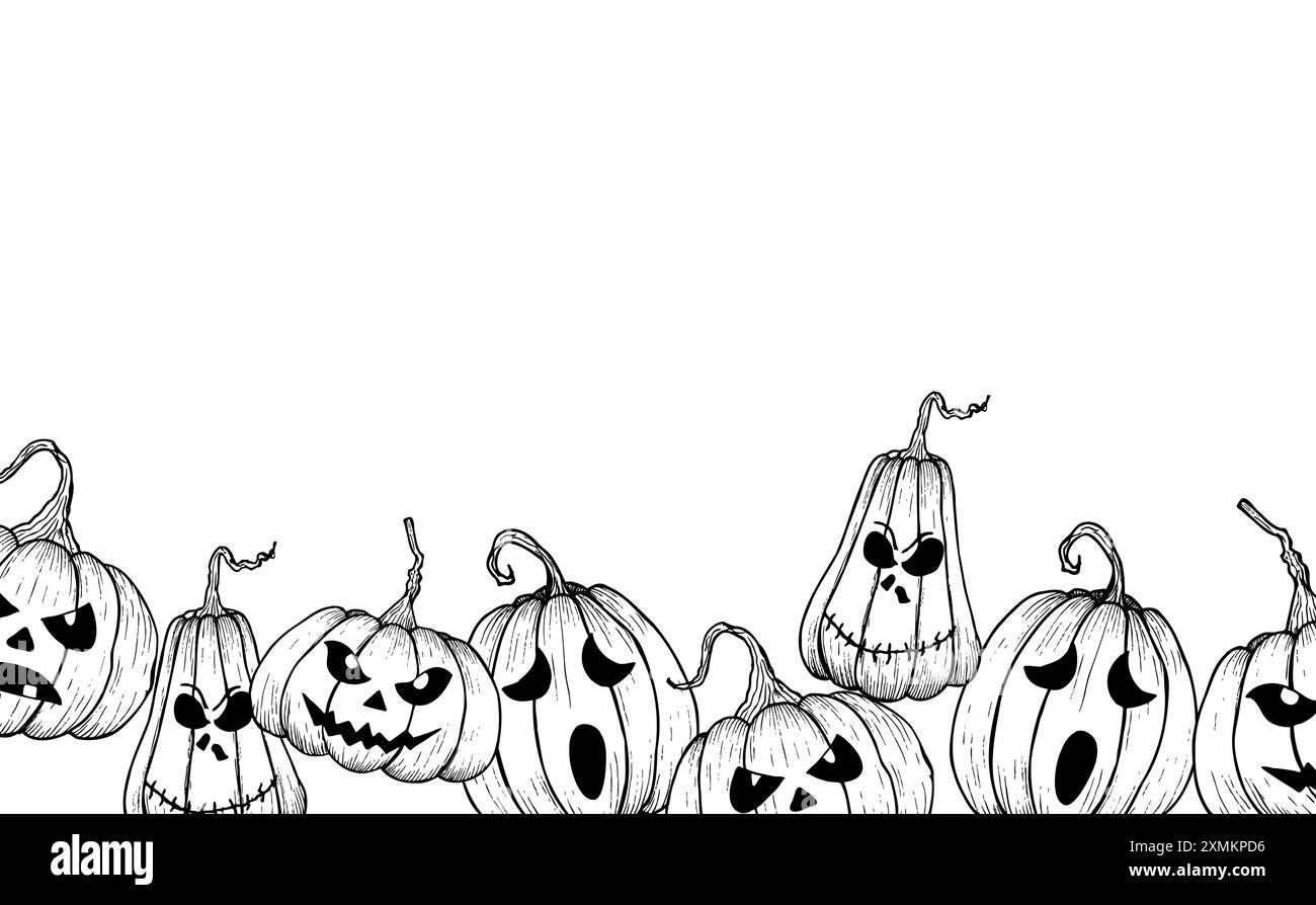 Vecteur halloween citrouilles effrayantes avec des yeux noirs. Illustrations linéaires peintes à la main. Art graphique monochrome pour tatouage, peinture magique à la main pour holid Illustration de Vecteur