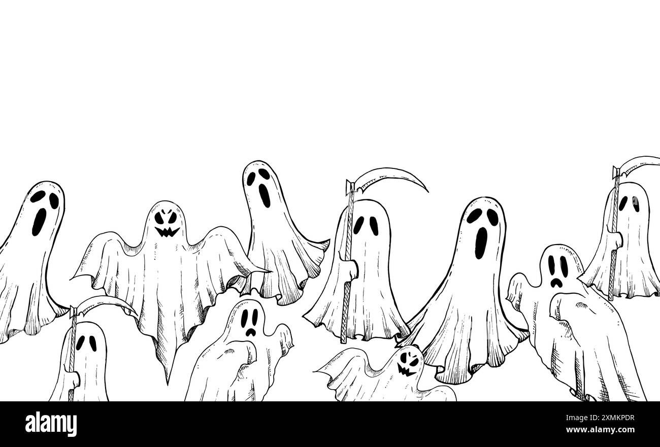 Vecteur halloween cadre fantôme effrayant, frontière. Illustration de silhouette de fantôme linéaire peinte à la main. Monstre sinistre monochrome graphique pour tatouage, magique Illustration de Vecteur