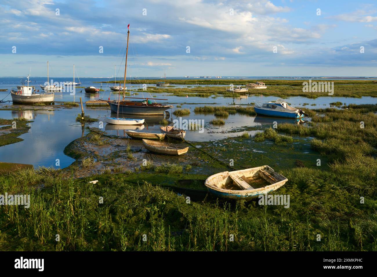 Marais salants à Leigh-on-Sea, Essex, Royaume-Uni, avec yachts et bateaux abandonnés, en début de soirée Banque D'Images