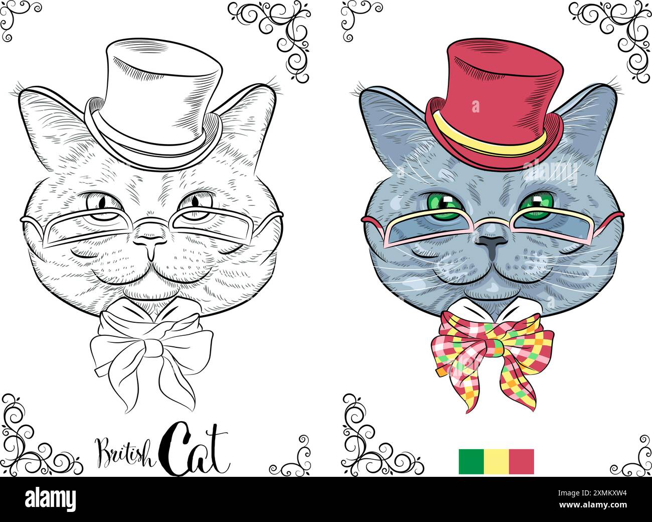 Page de livre de coloriage vectoriel d'un chat britannique portant un chapeau haut de gamme et des lunettes, prêt pour la coloration Illustration de Vecteur
