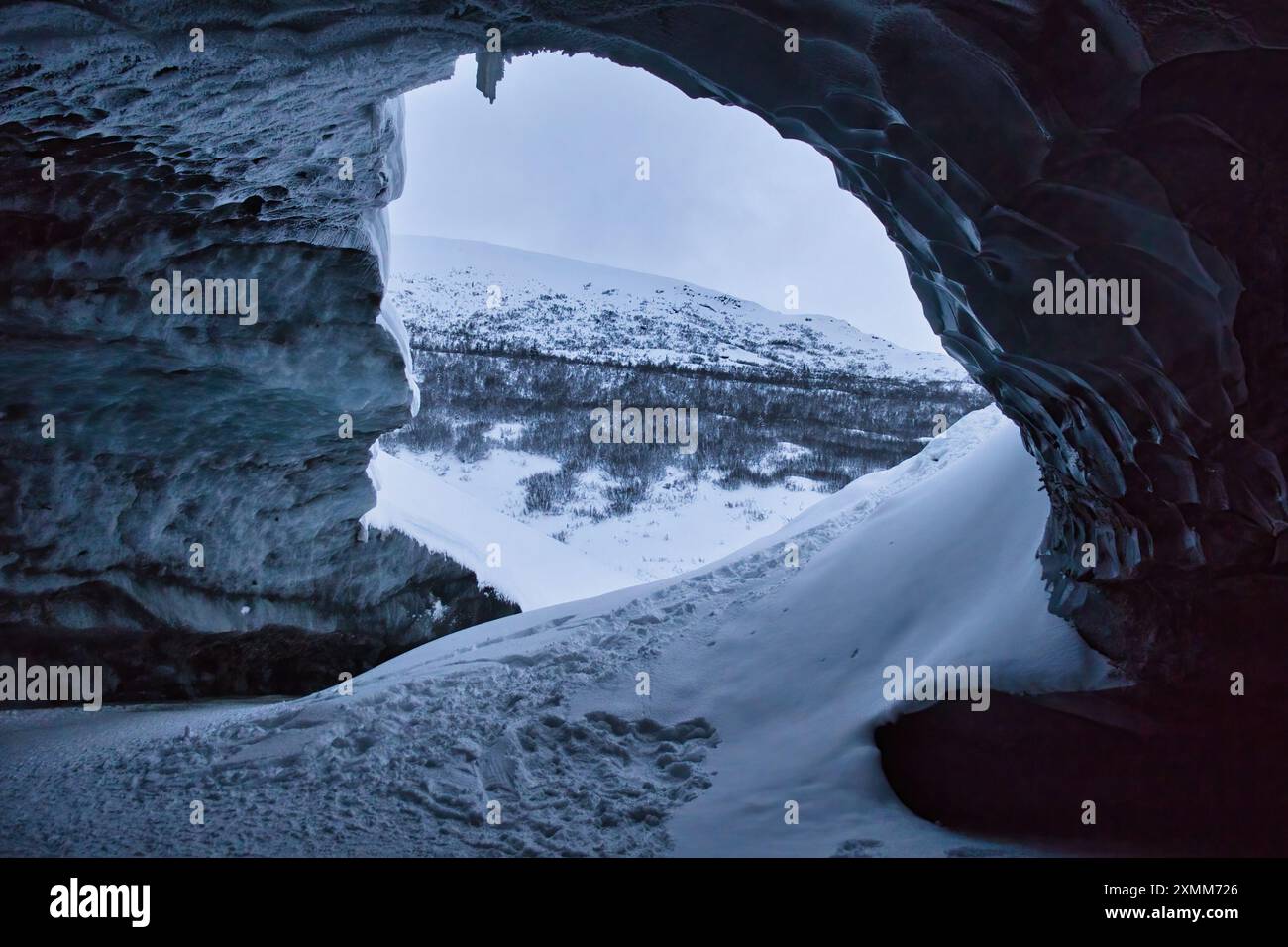 Regardant l'entrée d'une grotte de glace, Castner Cave, par une froide journée d'hiver en Alaska. Banque D'Images