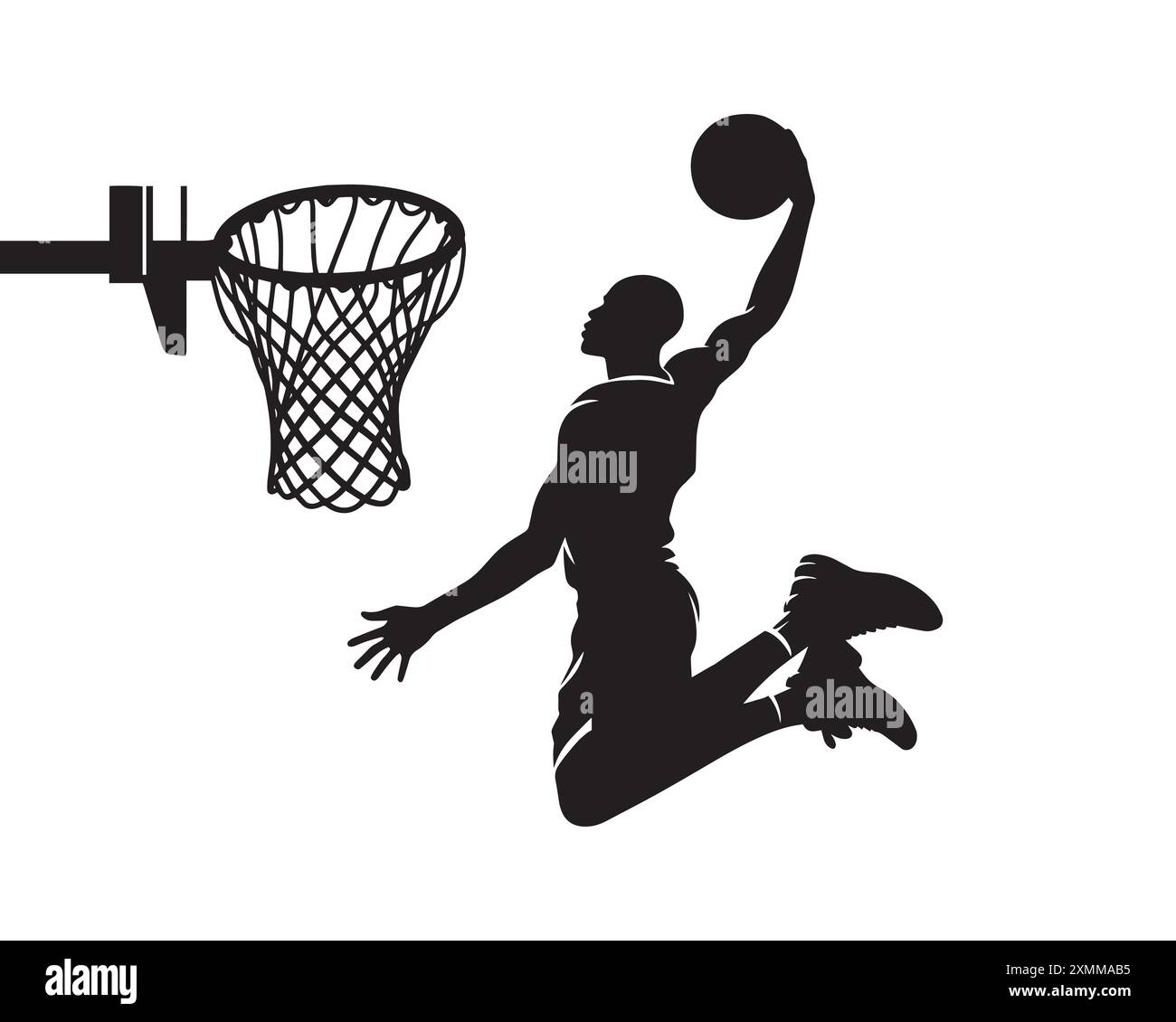 silhouette vectorielle d'un joueur masculin de basket-ball slam dunk, marquant la balle au filet, transparent sur un fond blanc Illustration de Vecteur