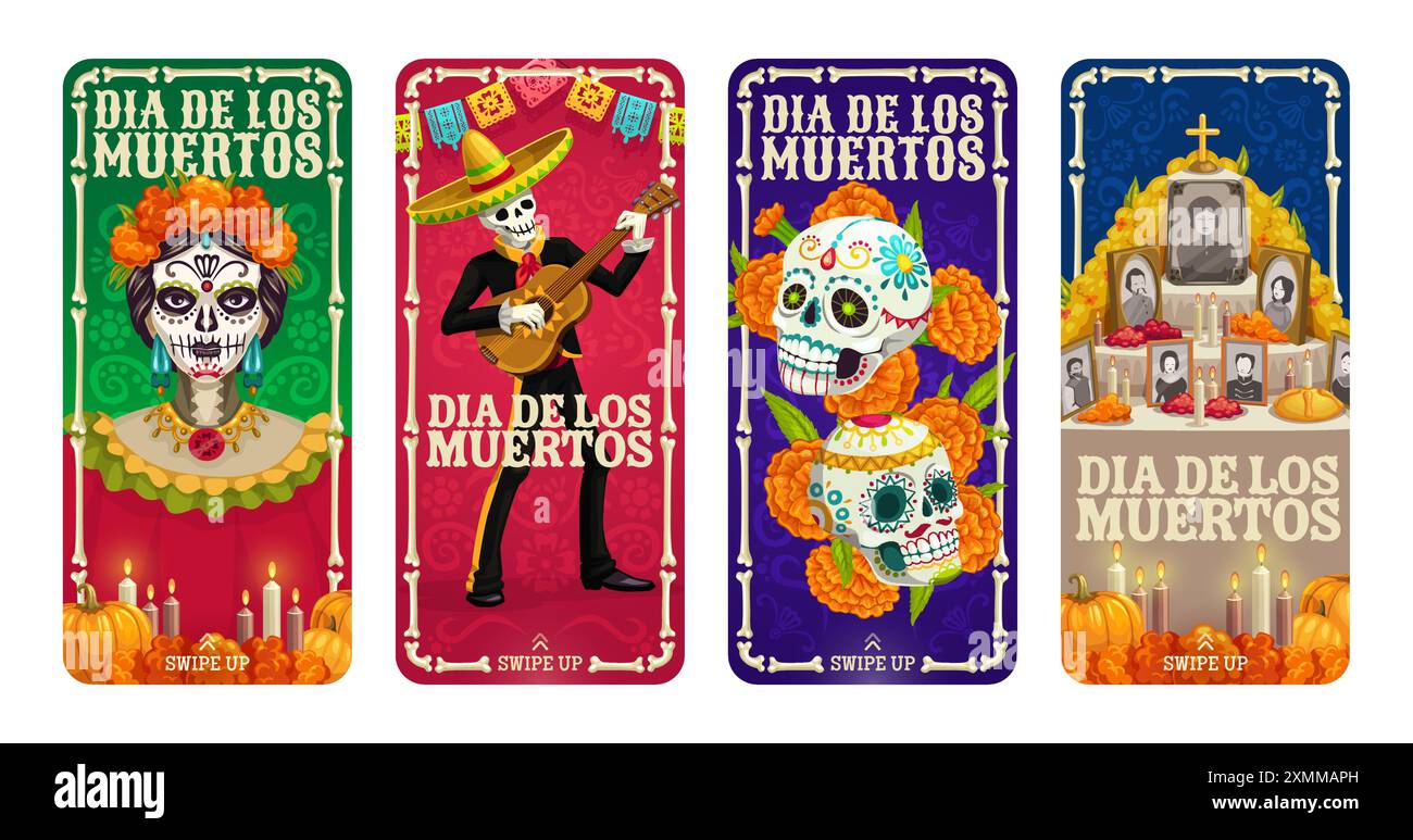 Modèle d'écran d'histoire des médias sociaux pour le jour mexicain des morts dia de los muertos bannières vectorielles avec des personnages de vacances Catrina, calavera Sugar SKU Illustration de Vecteur
