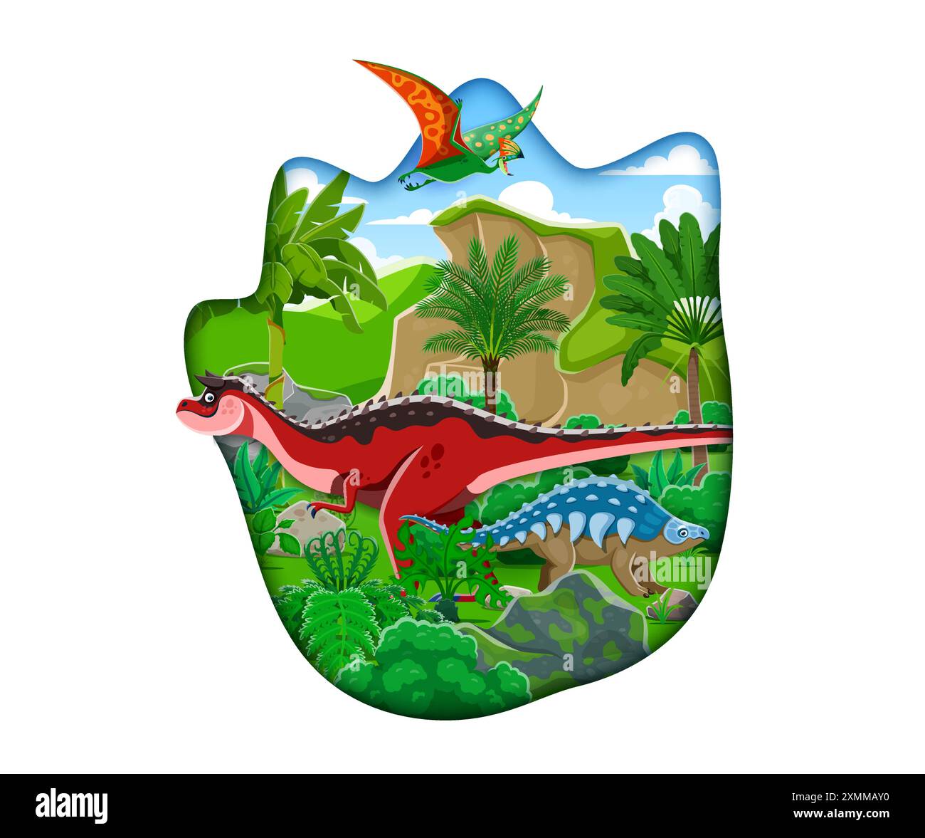 Empreinte de dinosaure préhistorique découpée en papier. Dessin animé 3d vecteur Papercut cadre rempli d'espèces de dinosaures dans le paysage luxuriant, vert, de la forêt de jungle avec ancie Illustration de Vecteur