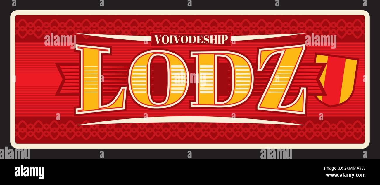 Lodz Voivodeship, province polonaise, plaque de voyage rétro Pologne. Vector Lodz province, vintage bannière rétro signe, tableau ou carte postale avec carte de territoire an Illustration de Vecteur