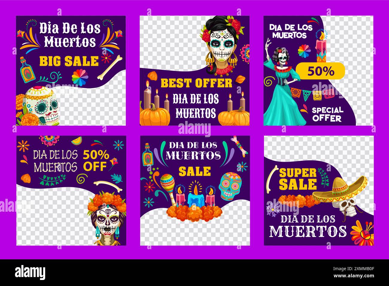 Jour de la mort Dia de Los Muertos vacances mexicaines grande vente et offres spéciales modèles de bannières. Vector Mexique Halloween crânes, soucis, bougies, s. Illustration de Vecteur