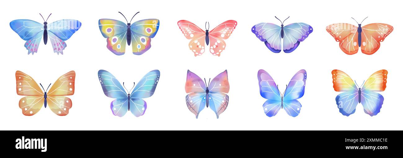 Aquarelle papillon. Printemps, nature romantique verte d'été, peinture d'aile rose tropicale, insectes exotiques de beauté tropicale, mites colorées. Mignon isolé Illustration de Vecteur