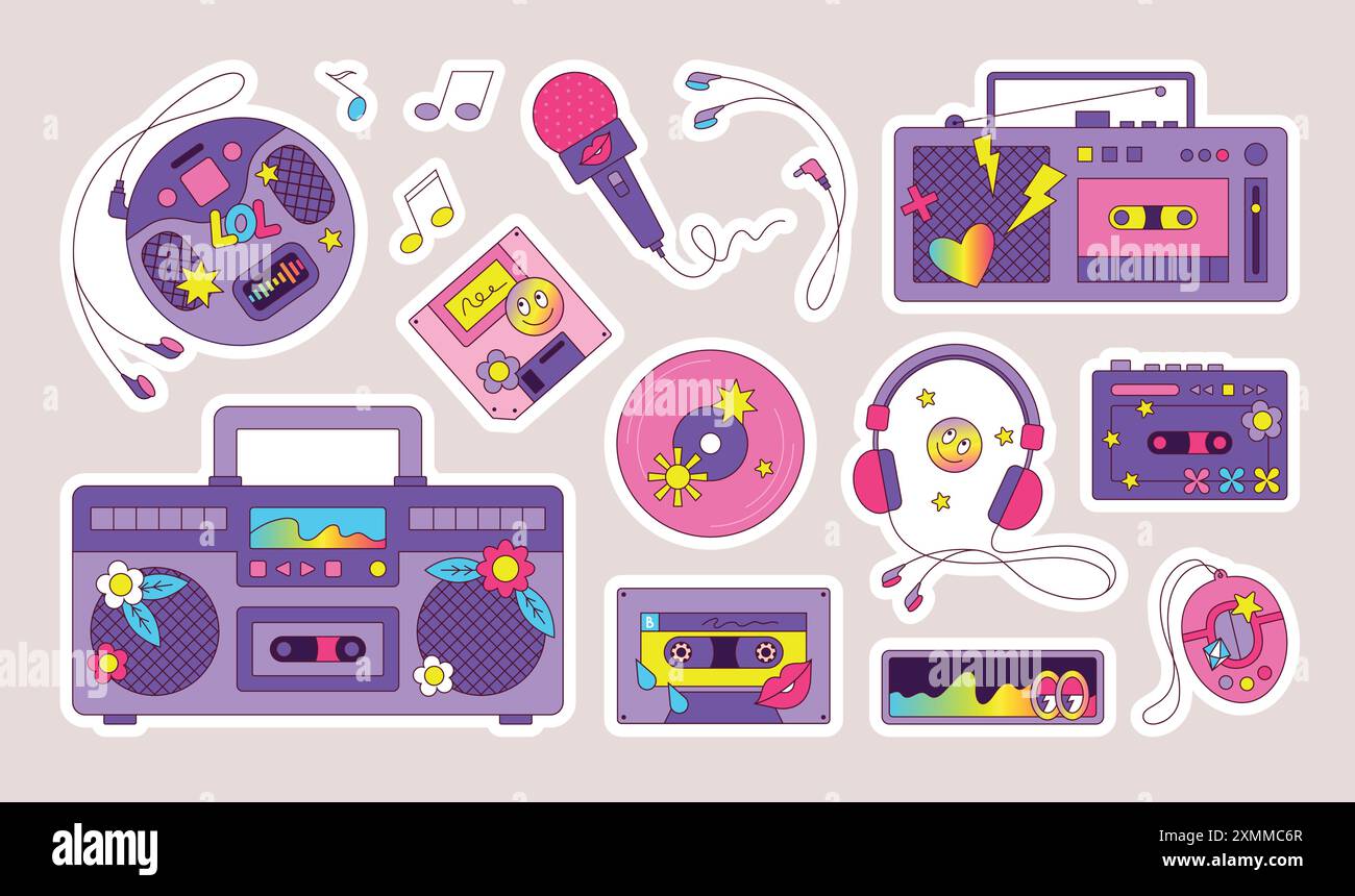 Musique rétro. Autocollants cassette Y2K. boombox 90s ou 80s. Pop disco. Soirée dansante. Enregistrement radio. Notes de musique et vaporwave stéréo. Disque DJ audio. Illustration de Vecteur