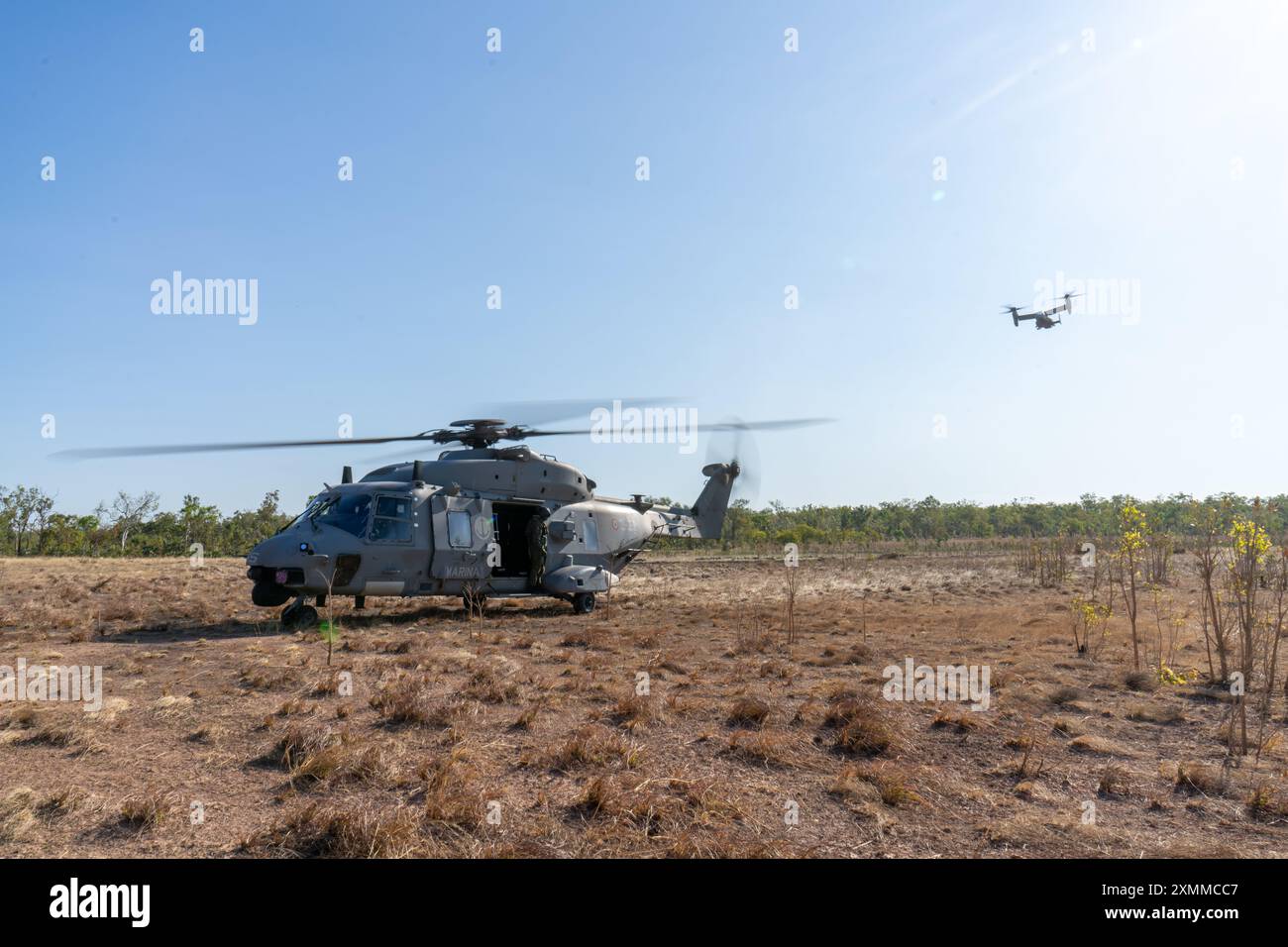 Pilotes de la marine italienne attendent dans un hélicoptère NH-90 pour les Marines américains avec Marine Medium Tiltrotor Squadron 268 (renforcé), Marine Rotational Force – Darwin 24.3, atterrir dans un MV-22B Osprey en préparation d'une formation bilatérale dans le cadre d'une sortie d'entraînement pendant l'exercice Pitch Black 24 à Mount Bundey Training Area, territoire du Nord, Australie, le 22 juillet 2024. L’exercice Pitch Black 24 est le plus important des 43 ans d’histoire de l’exercice et rassemble 20 pays participants, plus de 140 avions du monde entier et plus de 4 000 membres du personnel. Exercise Pitch Black 24 permet l'Aviation Comba de MRF-d 24.3 Banque D'Images
