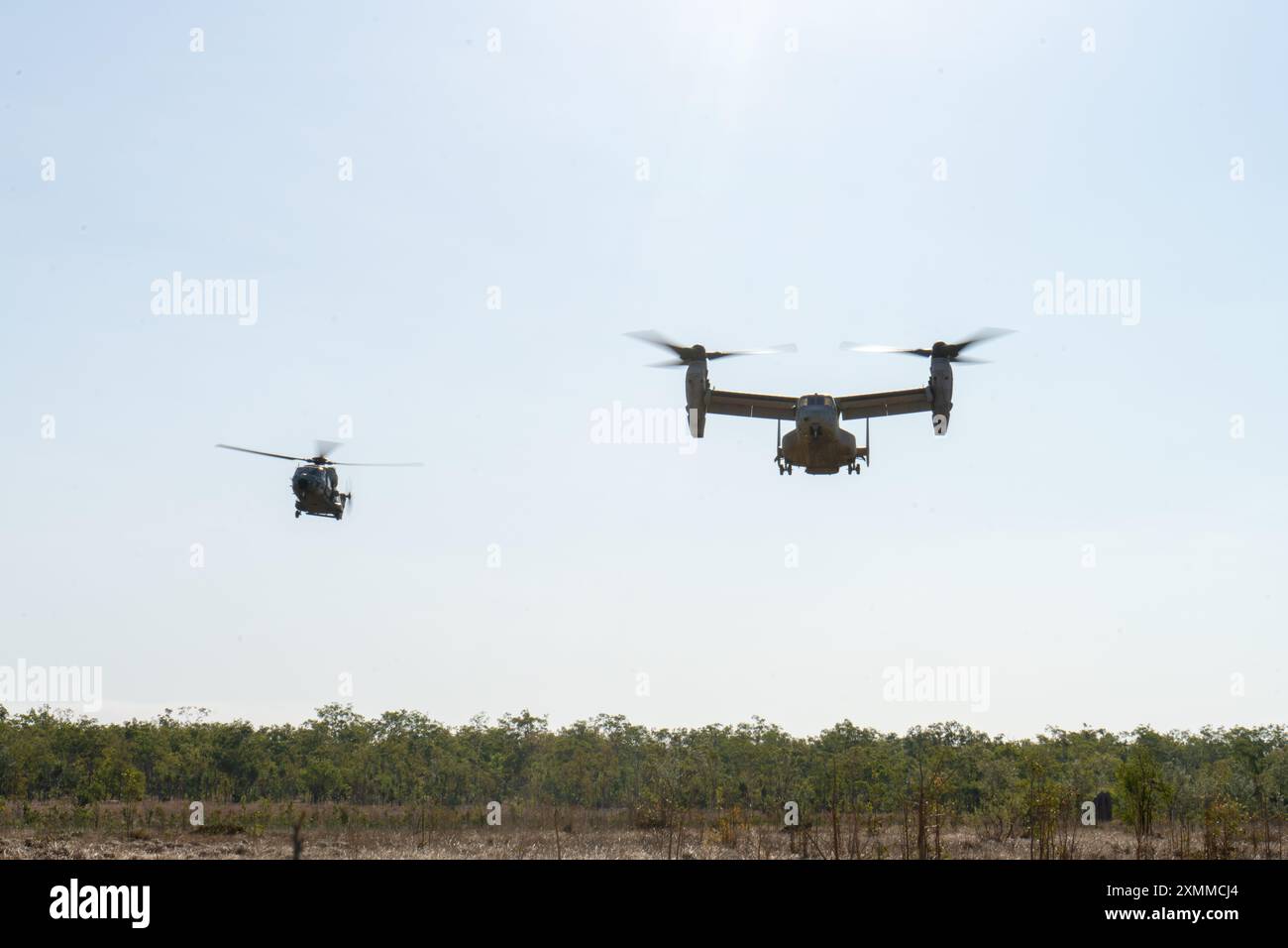 U.S. Marines avec Marine Medium Tiltrotor Squadron 268 (renforcé), Marine Rotational Force - Darwin 24.3, pilotent un MV-22B Osprey aux côtés de pilotes de la Marine italienne dans un hélicoptère NH-90 pour une formation bilatérale dans le cadre d'une sortie d'entraînement pendant l'exercice Pitch Black 24 à Mount Bundey Training Area, territoire du Nord, Australie, 22 juillet 2024. L’exercice Pitch Black 24 est le plus important des 43 ans d’histoire de l’exercice et rassemble 20 pays participants, plus de 140 avions du monde entier et plus de 4 000 membres du personnel. Exercise Pitch Black 24 permet l'élément de combat aérien de MRF-d 24.3, VMM-268 (R Banque D'Images